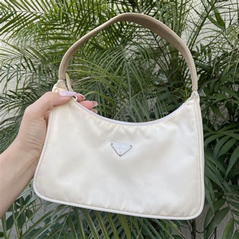 PRADA Cream Mini Tessuto Sport Nylon Shoulder Hobo Bag 